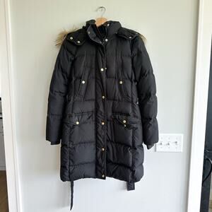 J. Crew Wintress Faux-Fur Hood Mid Length Outdoor Puffer Coat Black XS